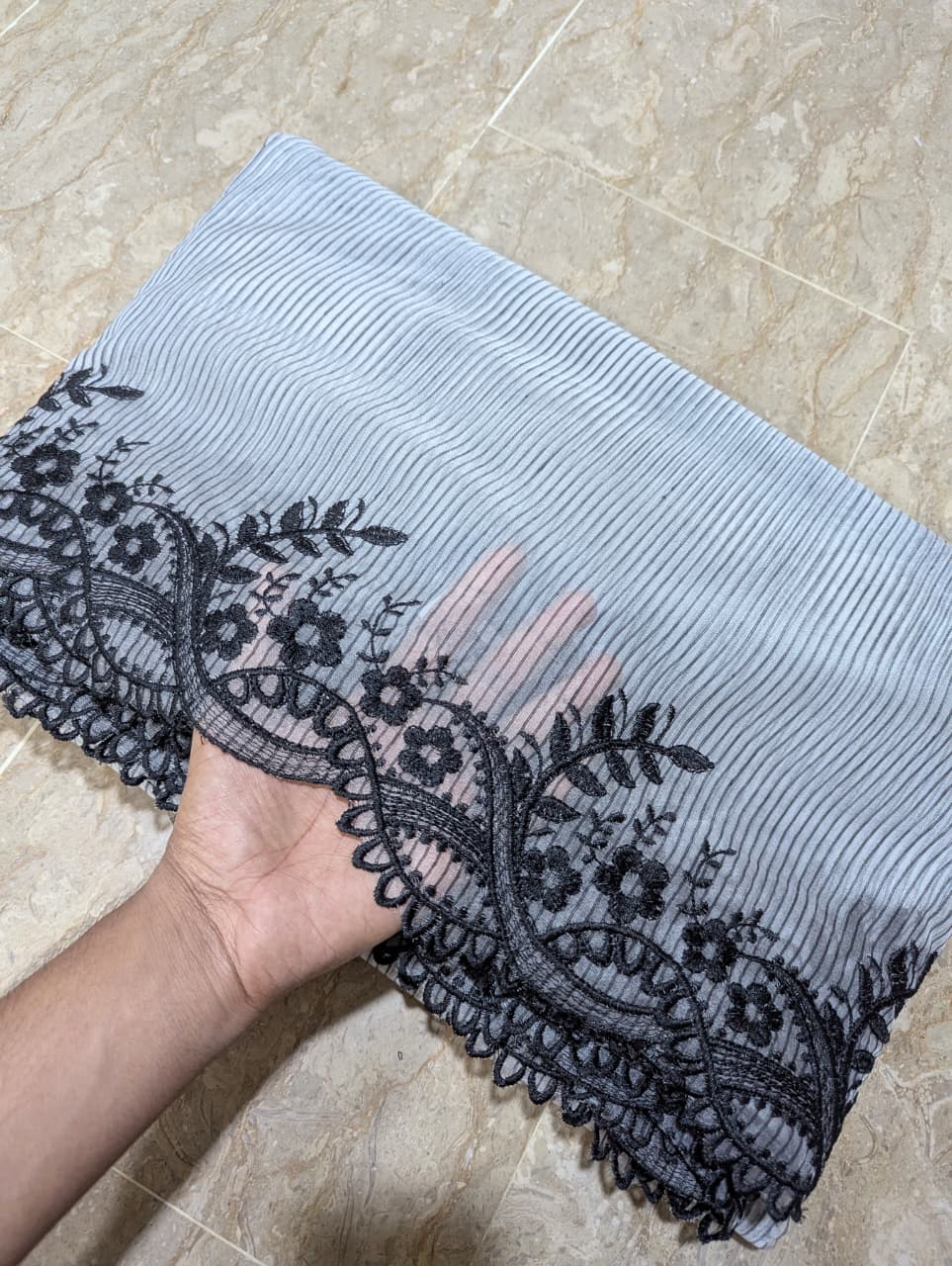 Dyeable White Organza with Black Self Lining Scallop Dupatta with Black Embroidery