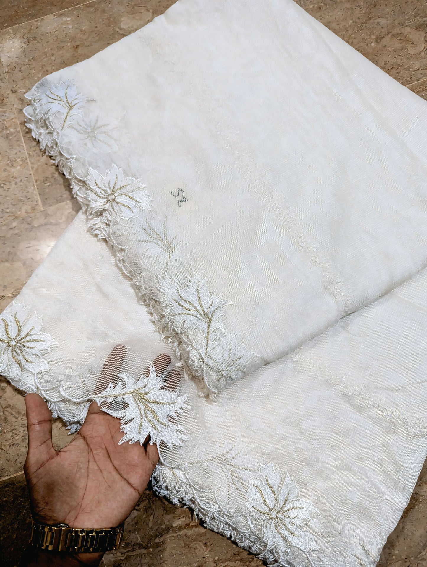 White Khadi Net Scallop Dupatta with White & Golden Two-Tone Embroidery – Dyeable