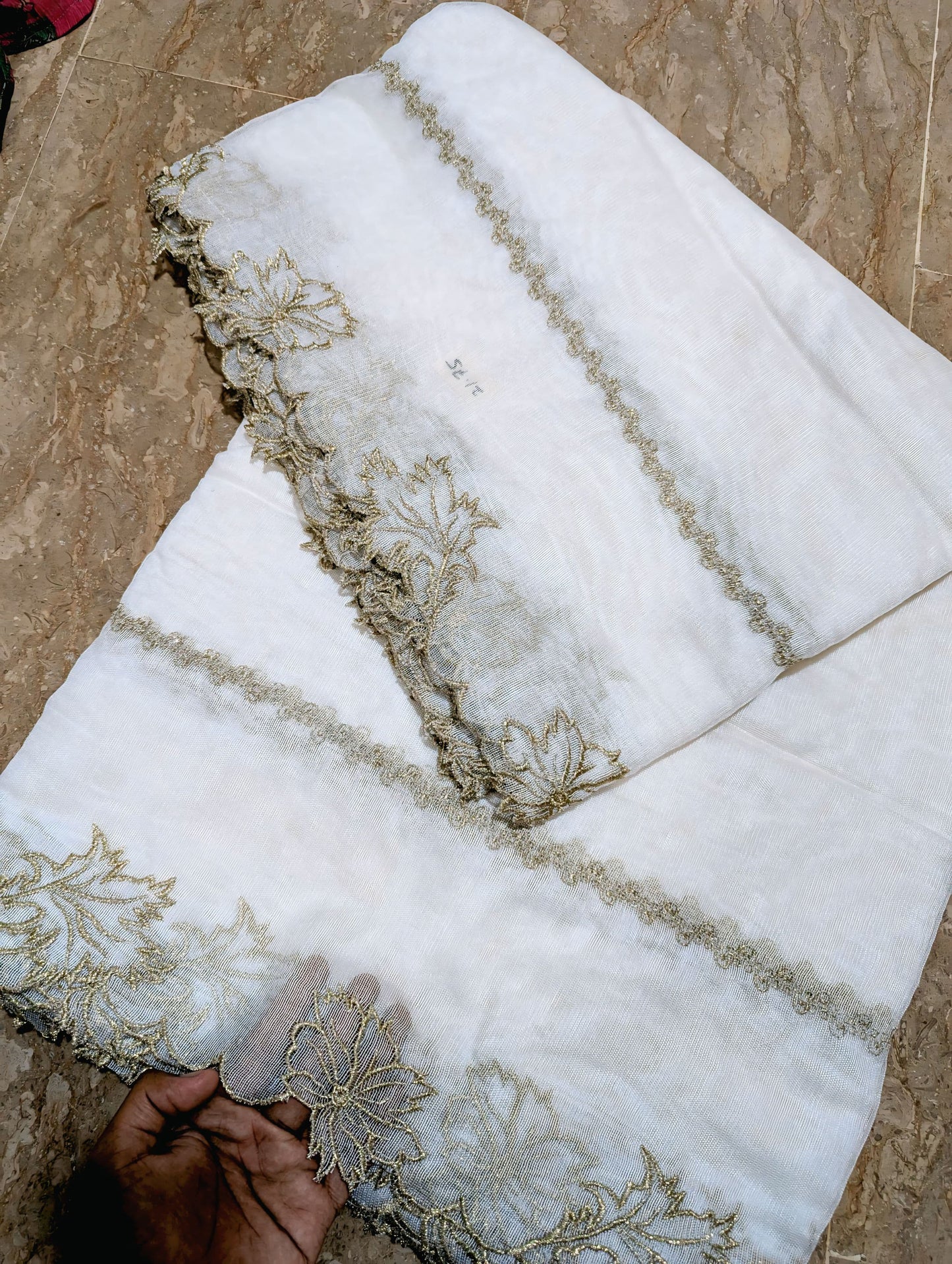 White Embroidered Cutwork Dupatta on Khadi Net with Golden – Dyable