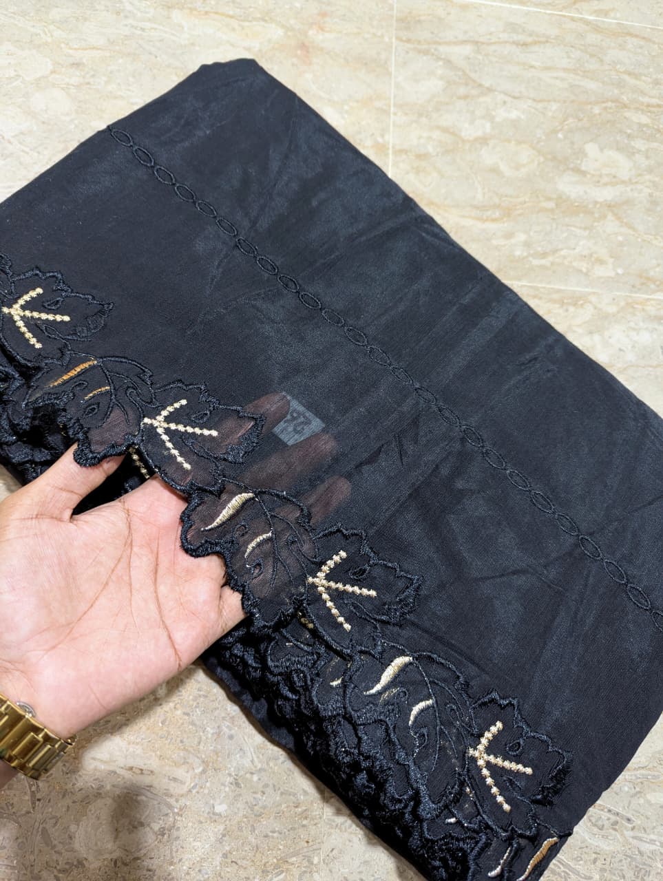 Black Voile Lawn Scallop Dupatta with Black & Golden Zari Two-Tone Embroidery