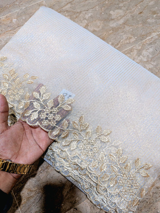 Dyeable White Organza Scallop Dupatta with Golden Zari Embroidery – Self-Lining
