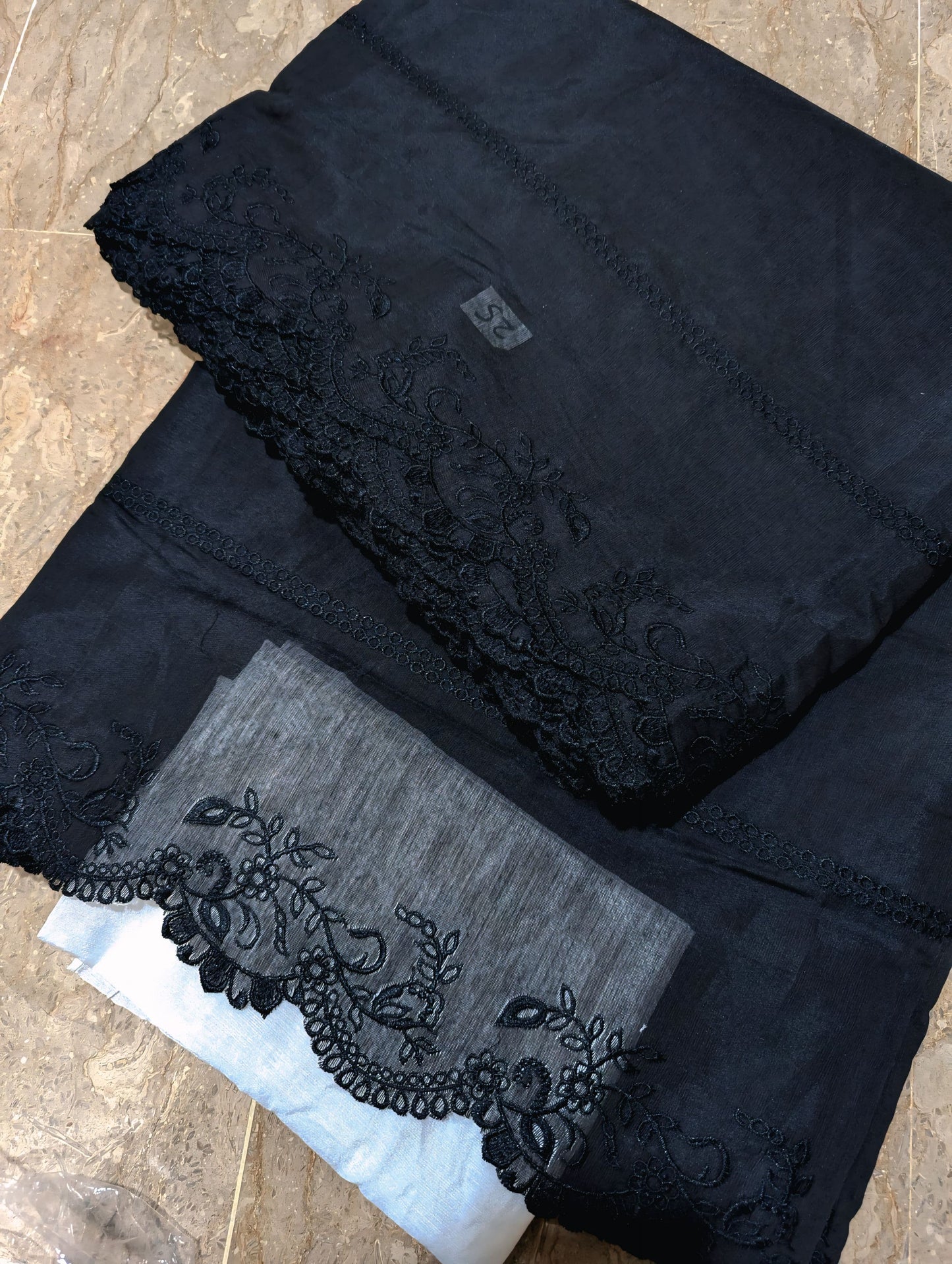 Black Voile Lawn Scallop Embroidered Dupatta