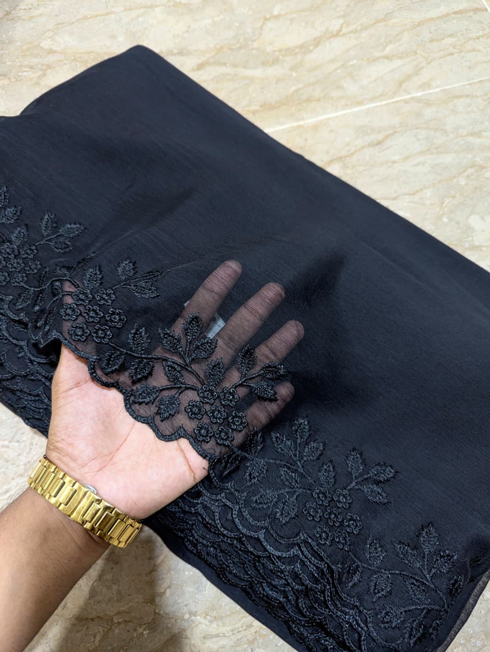 Black Chiffon Cutwork Dupatta with Black Embroidery - Premium Quality