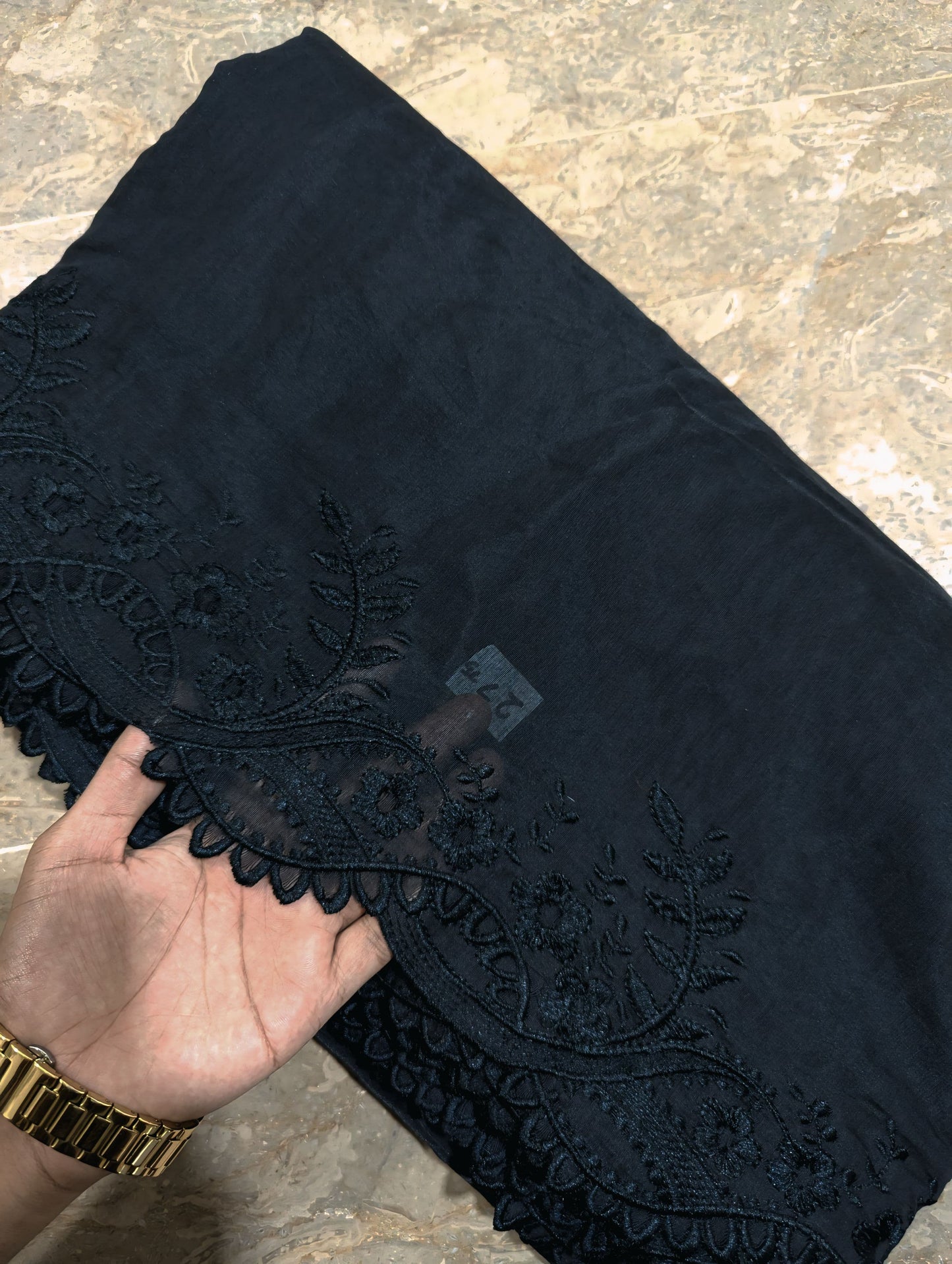 Black Voile Lawn Scallop Embroidered Dupatta with Black Embroidery
