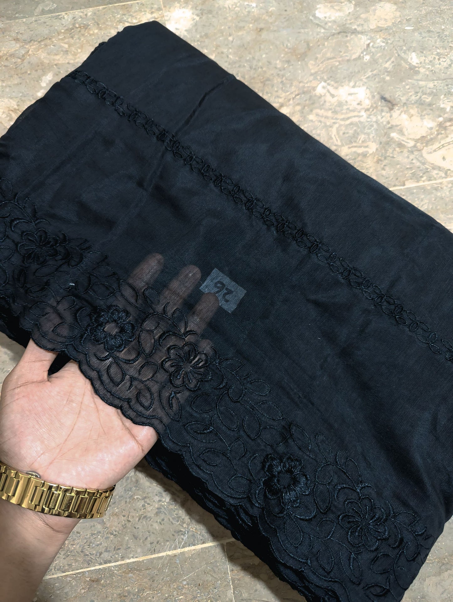 Black Voile Lawn Scallop Embroidered Dupatta with Black Embroidery