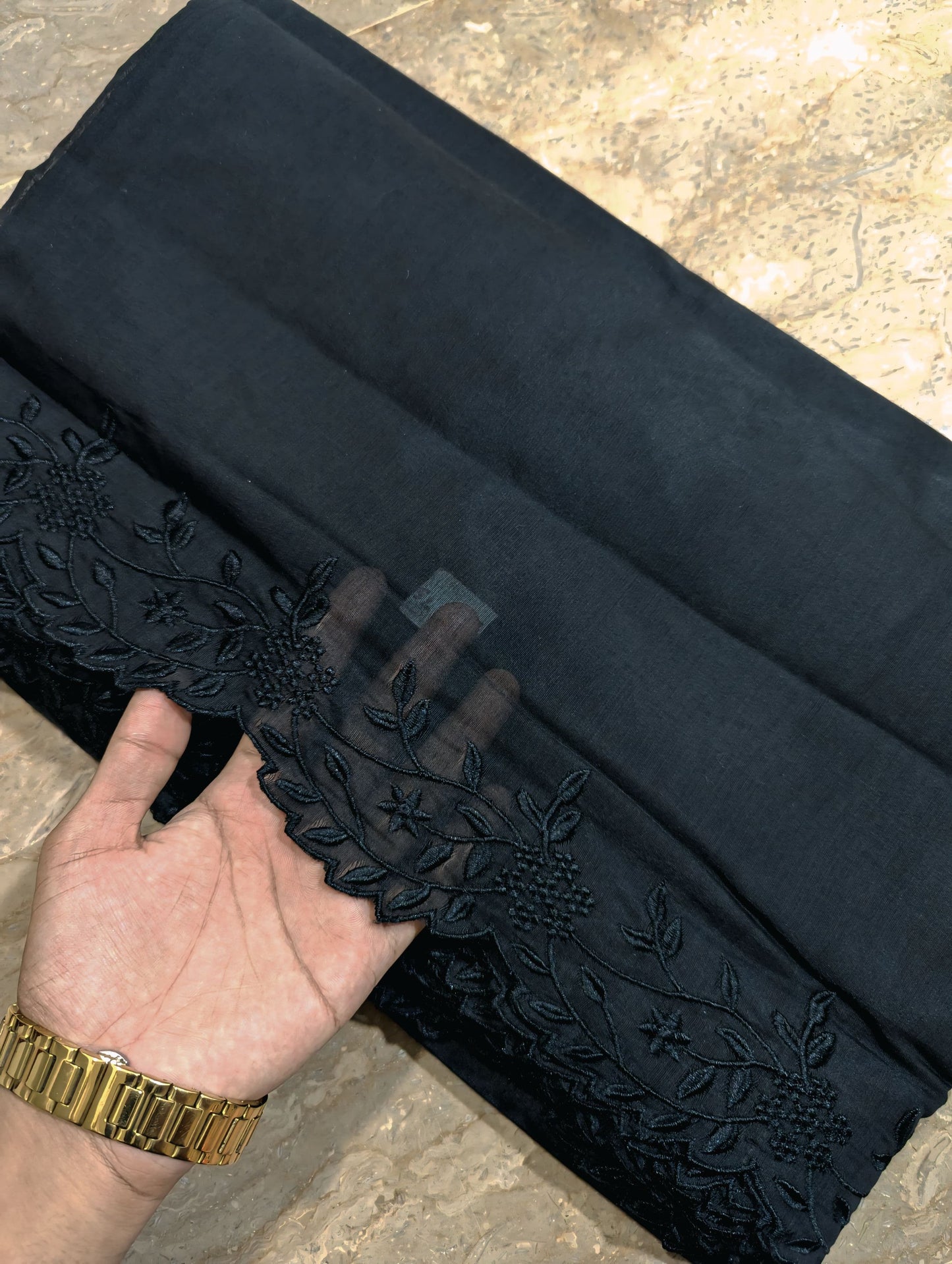 Black Voile Lawn Scallop Embroidered Dupatta