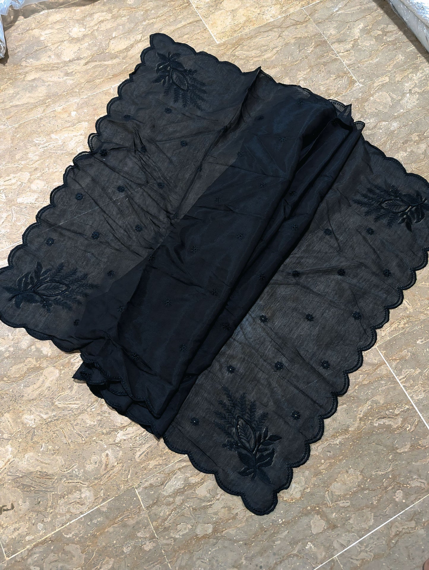 Black Voile Lawn 4-Sided Scallop Dupatta with Black Polyester Embroidery