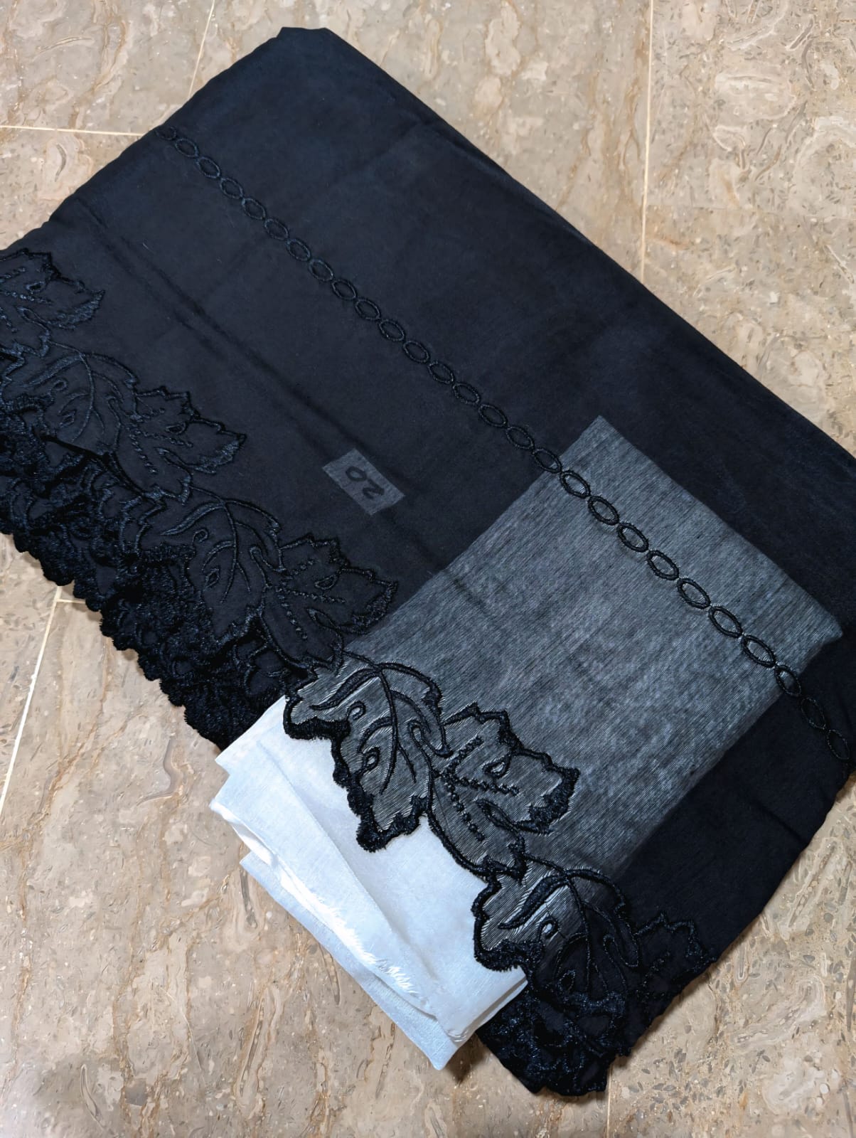 Black Voile Lawn Scallop Embroidered Dupatta
