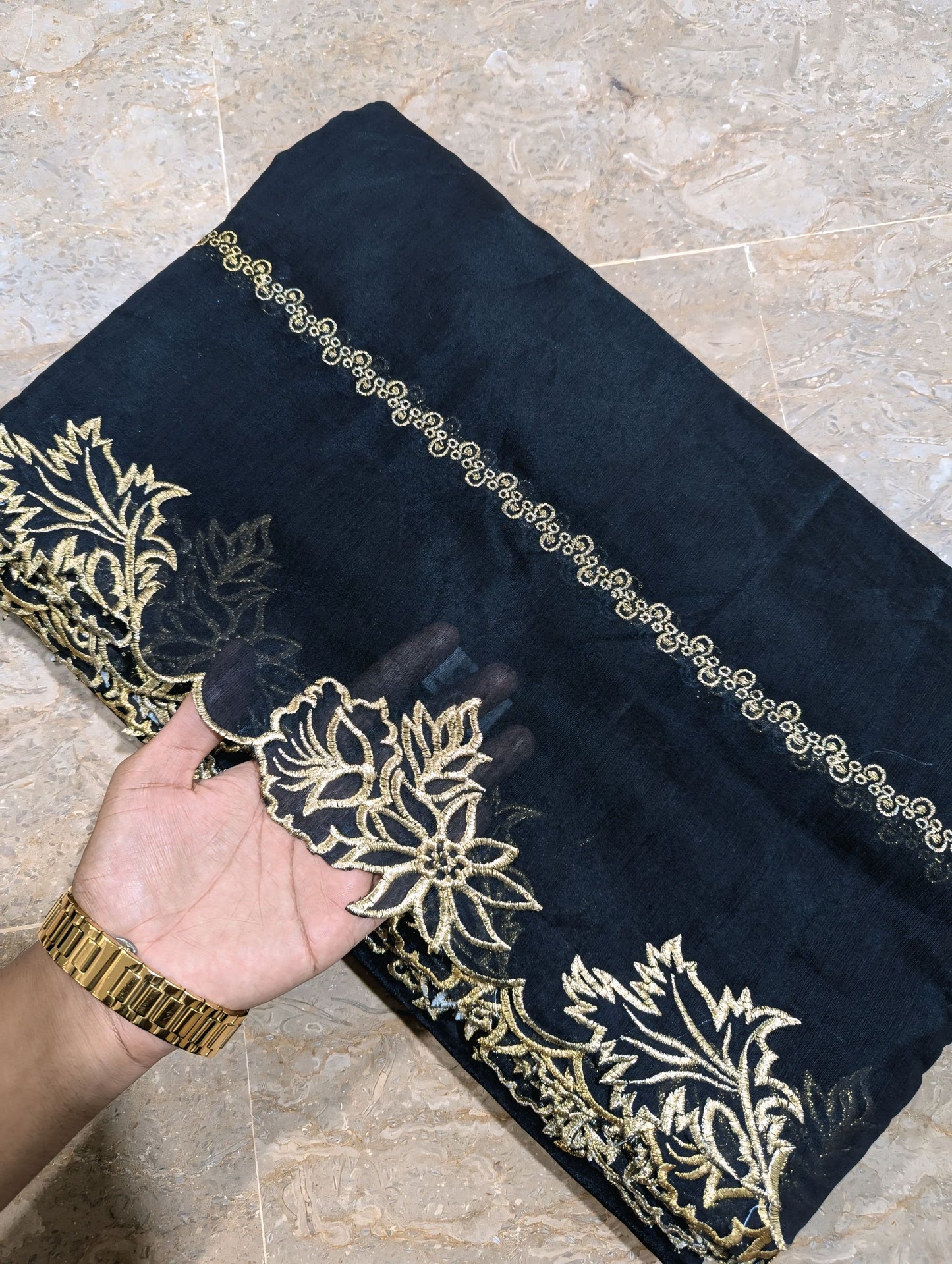 Black Voile Lawn Scallop Dupatta with Golden Embroidery