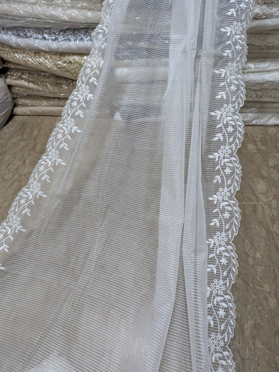 White Organza Scallop Dupatta with Self Lining & White Viscose Embroidery – Dyeable
