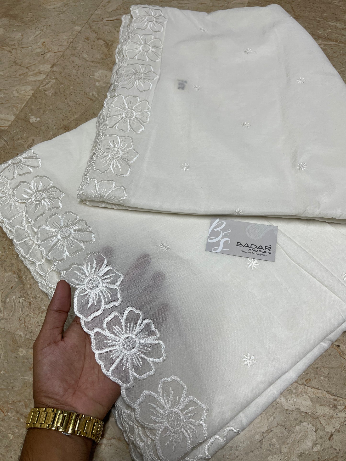 Dyeable White Voile Lawn Scallop Dupatta with White Viscose Embroidery