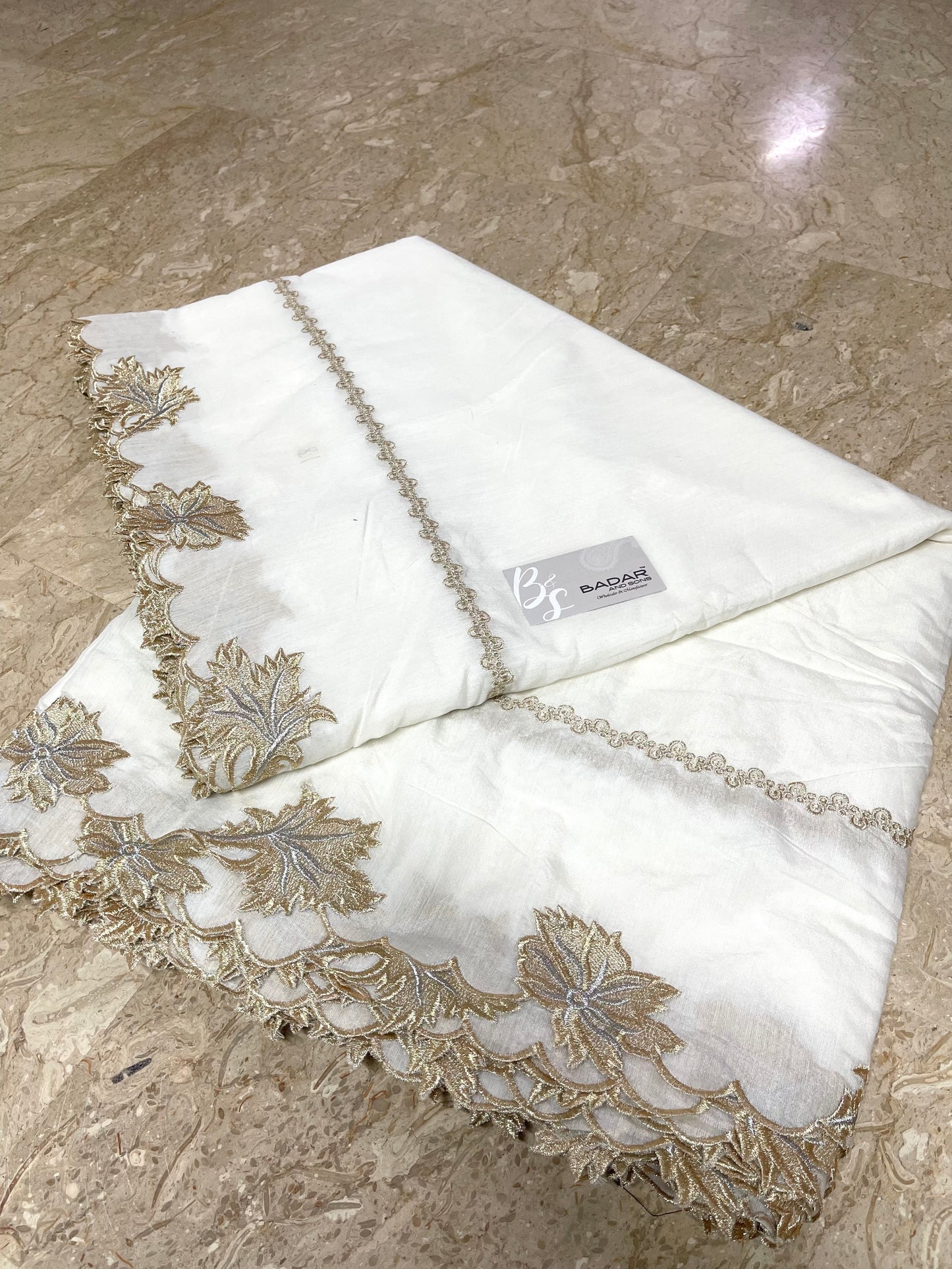 White Voile Lawn Scallop Dupatta with Gold & Silver Two-Tone Embroidery – Dyeable