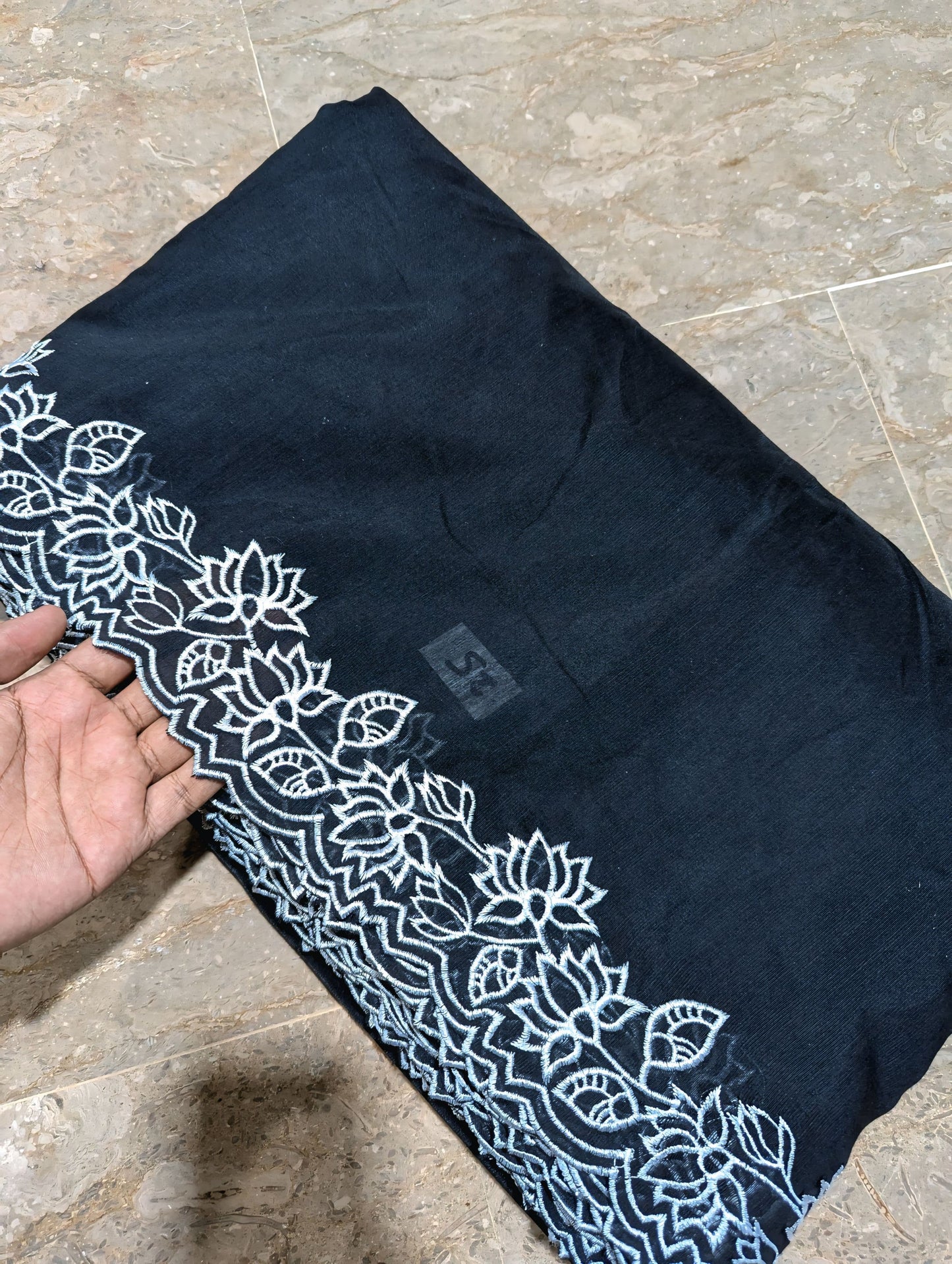 Black Voile Lawn Scallop Dupatta with White Embroidery