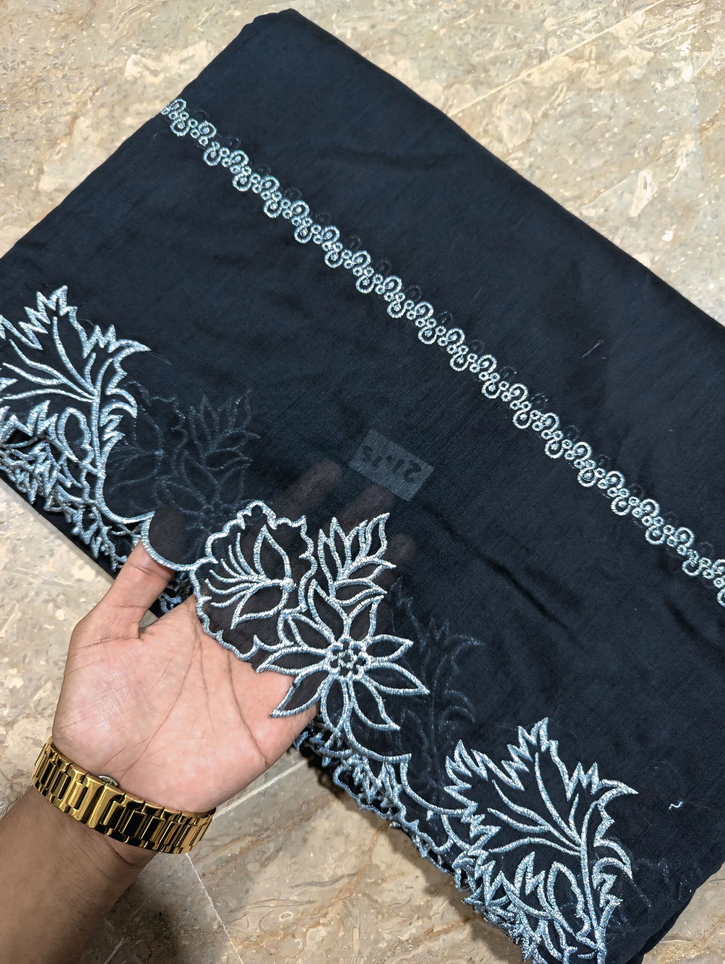 Black Voile Lawn Scallop Dupatta with Silver Zari Embroidery