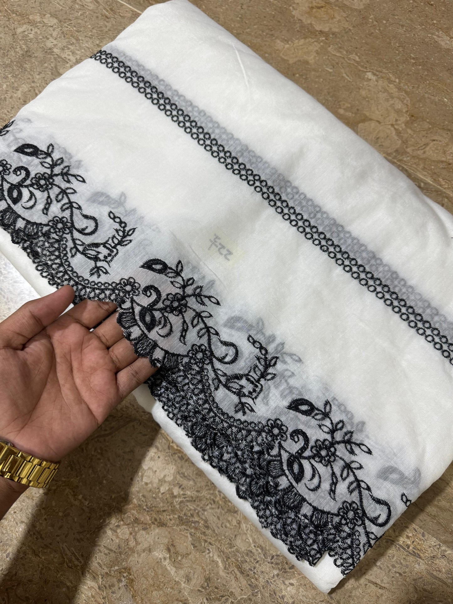 Dyeable White Voile Lawn Scallop Dupatta with Black Embroidery