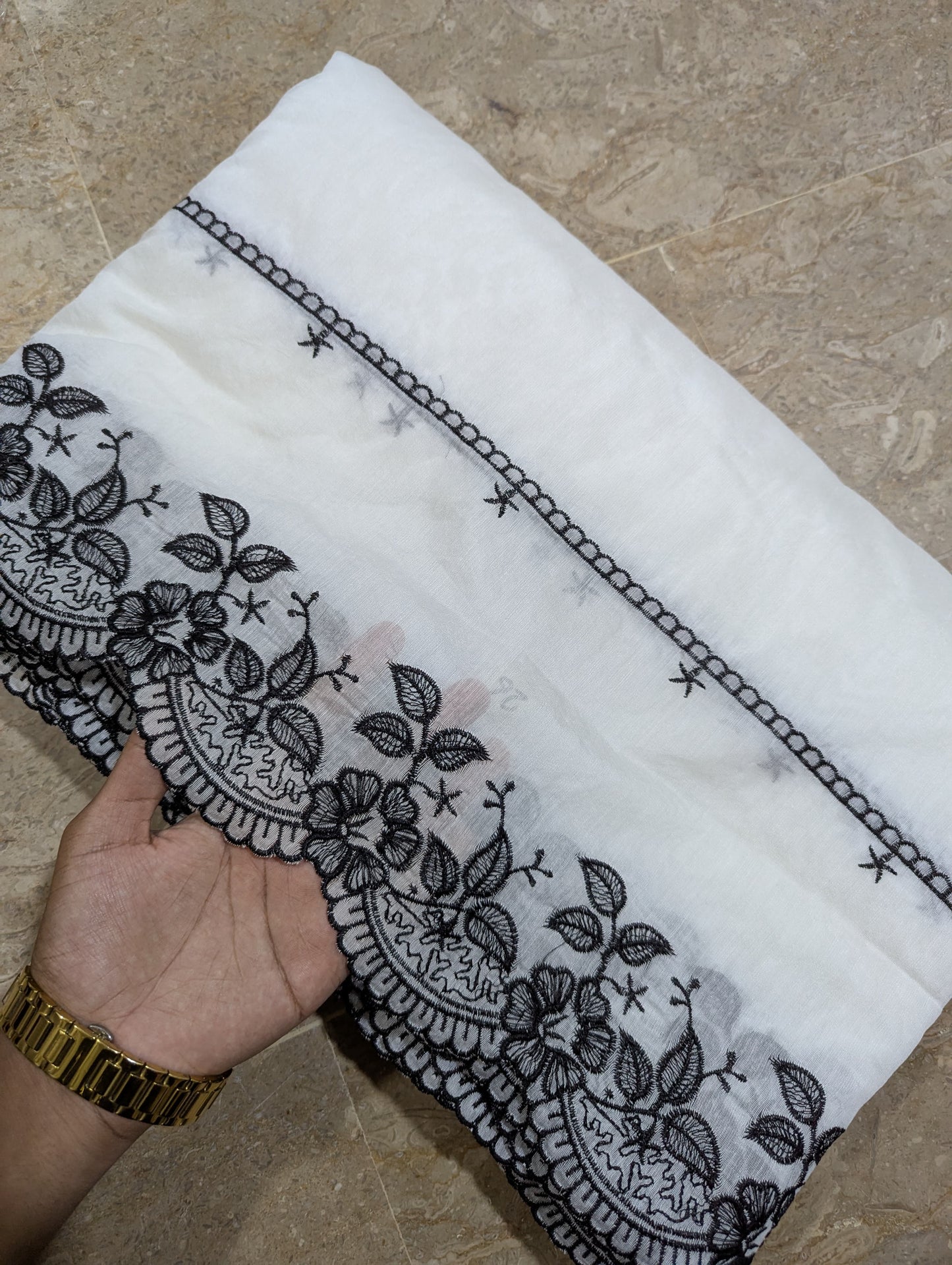 Dyeable White Voile Lawn Scallop Dupatta with Black Embroidery