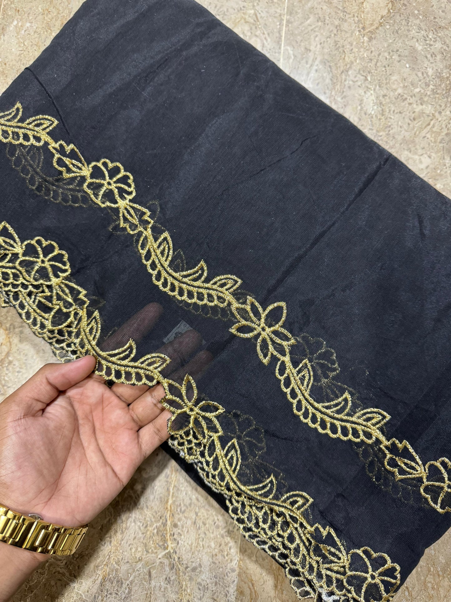 Black Voile Lawn Scallop Dupatta with Golden Embroidery