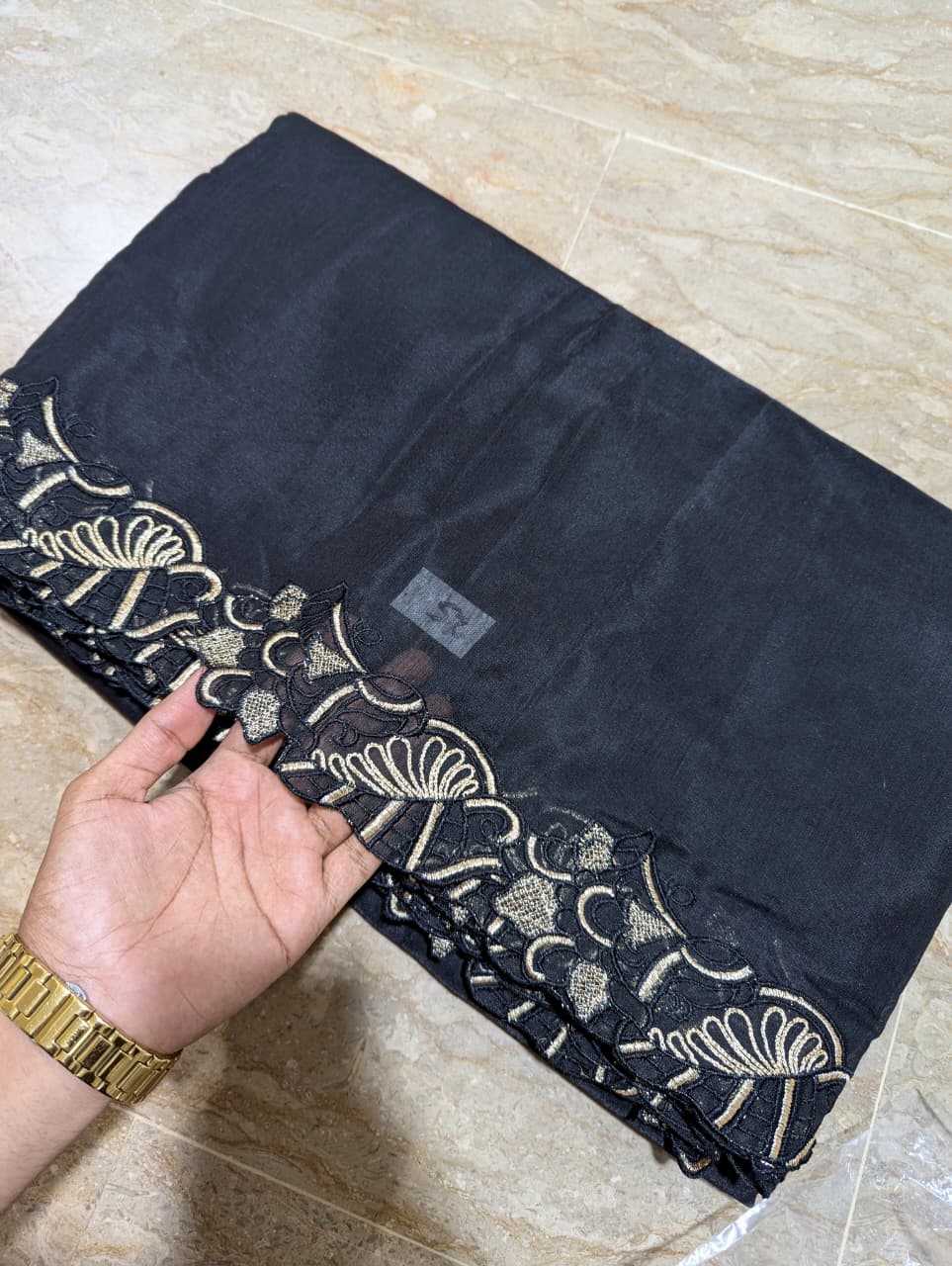 Black Voile Lawn Scallop Dupatta with Black & Golden Zari Two-Tone Embroidery