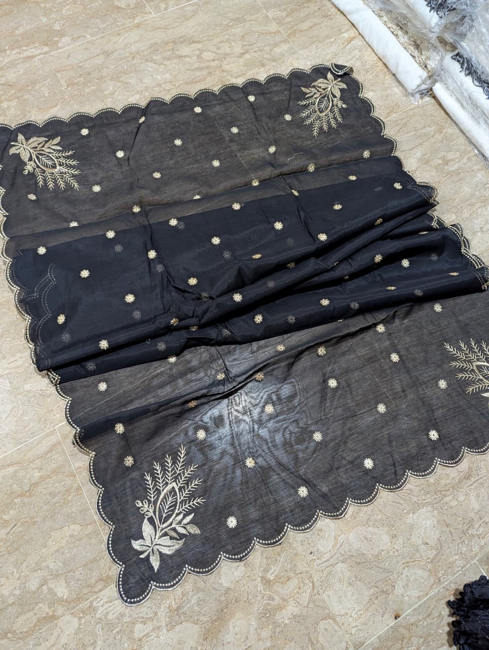 Black Voile Lawn 4-Sided Scallop Dupatta with Golden Zari Embroidery
