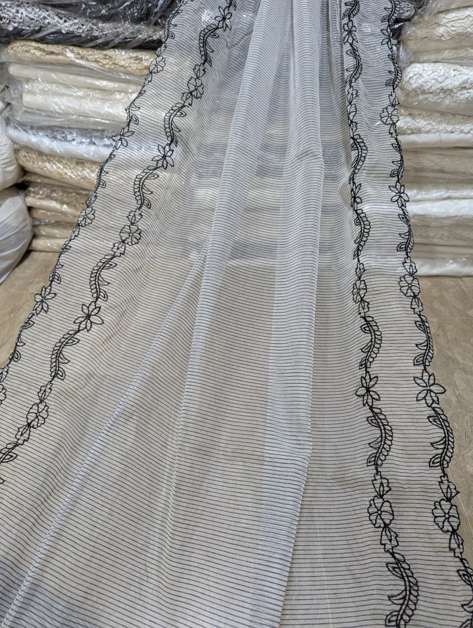 Dyeable White Organza with Black Self Lining Scallop Dupatta with Black Embroidery