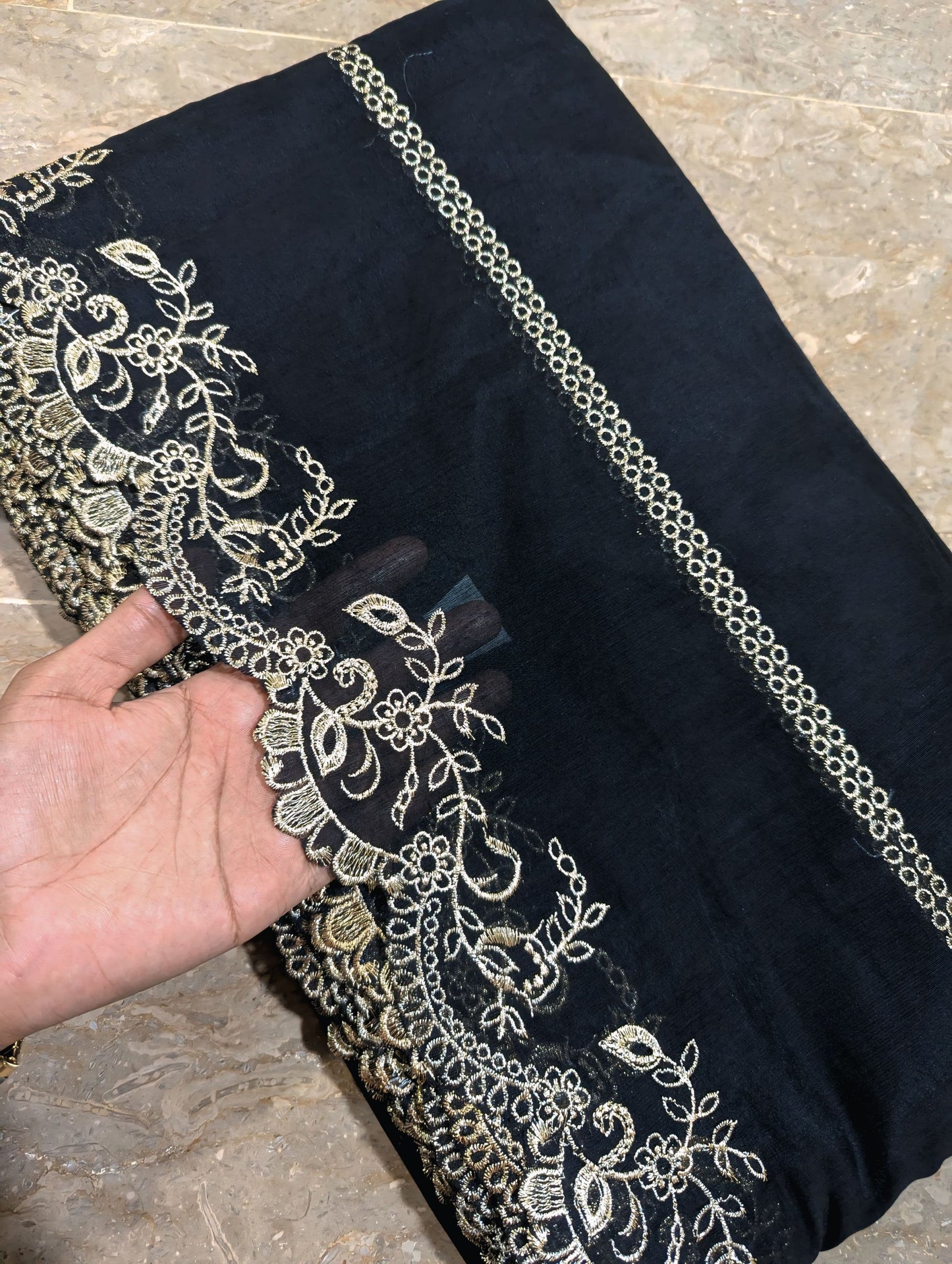 Black Voile Lawn Scallop Dupatta with Light Golden Embroidery