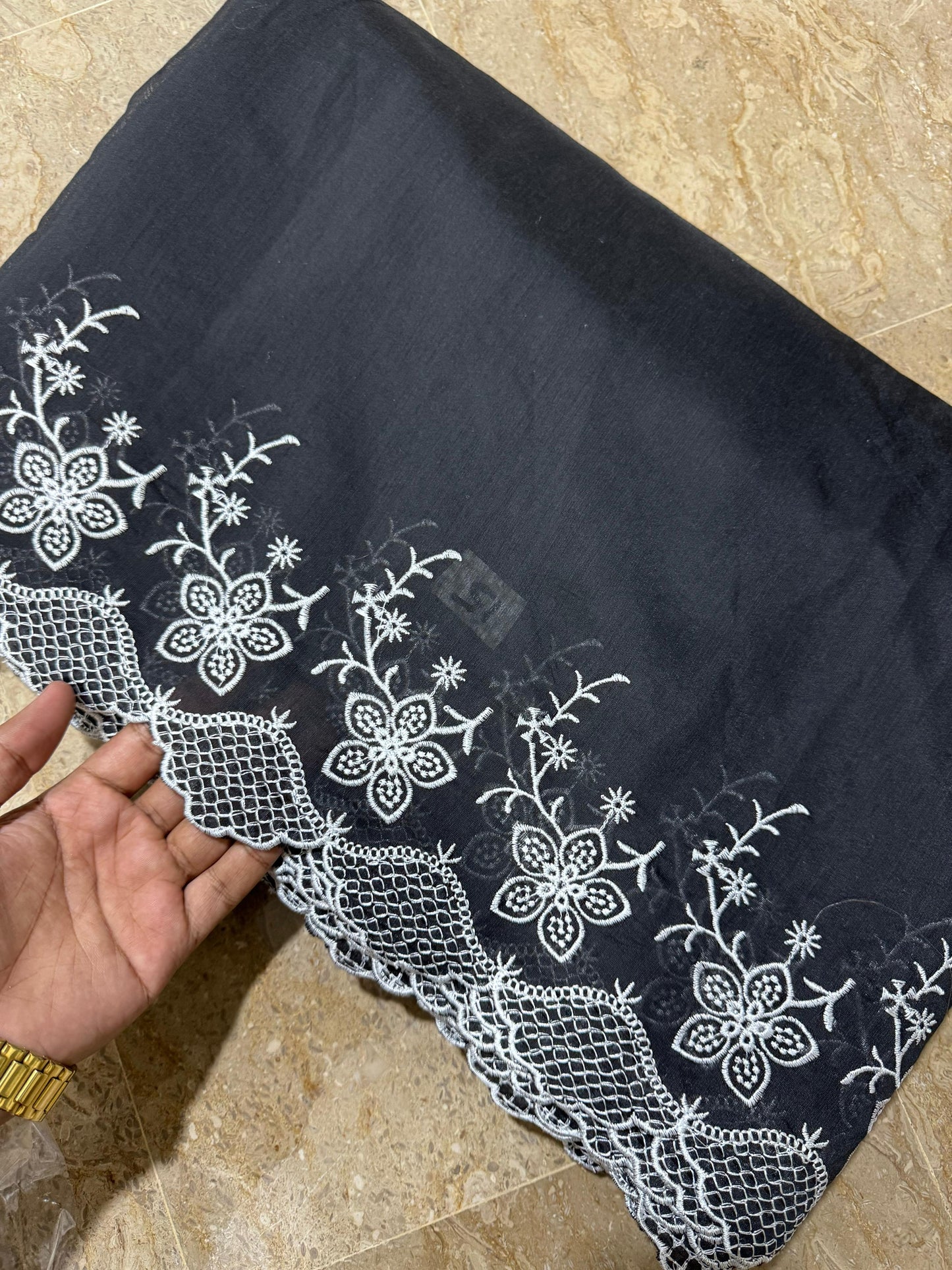 Black Voile Lawn Scallop Dupatta with White Embroidery