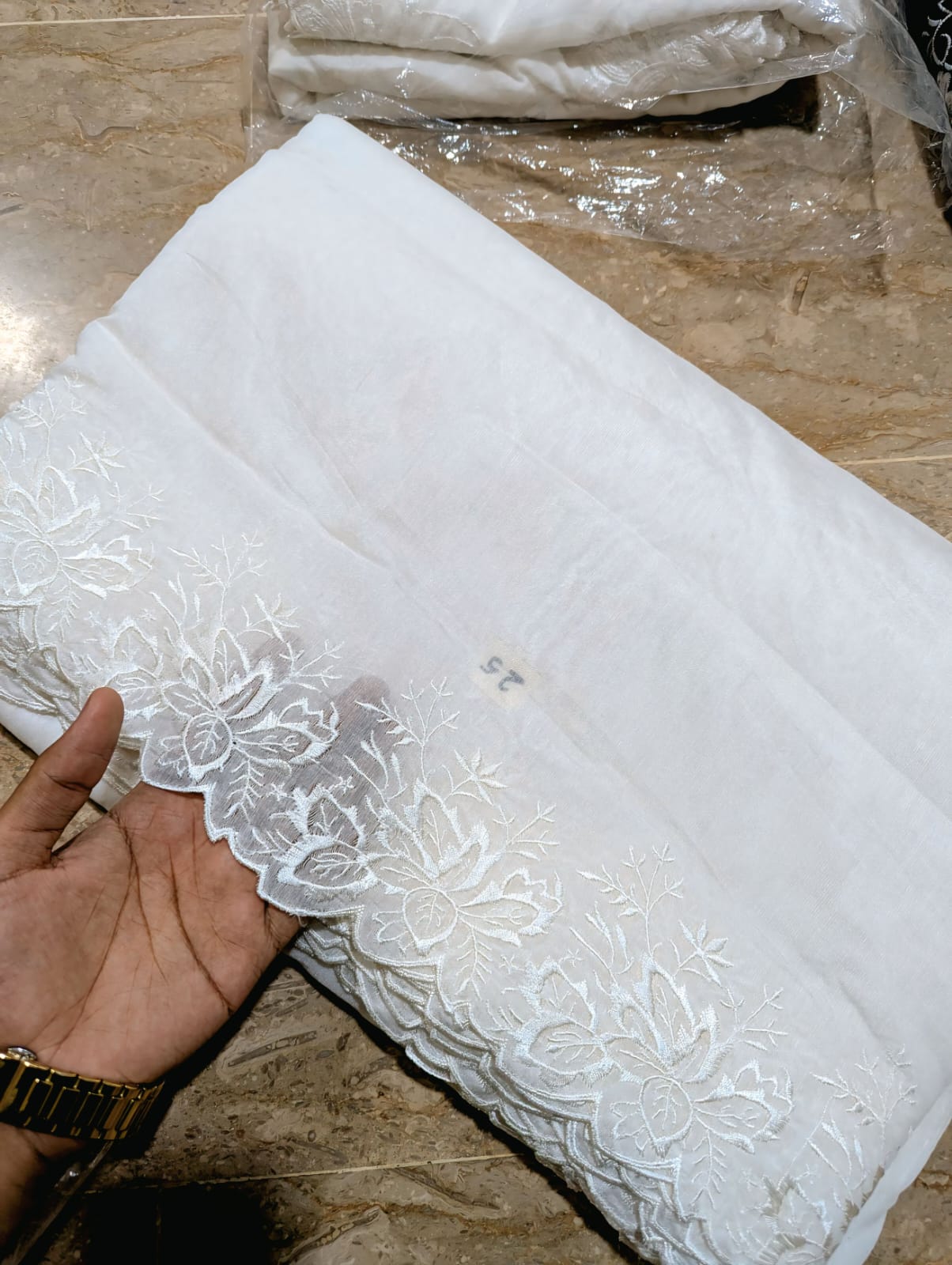 White Voile Lawn Scallop Dupatta with White Viscose Embroidery – Dyeable