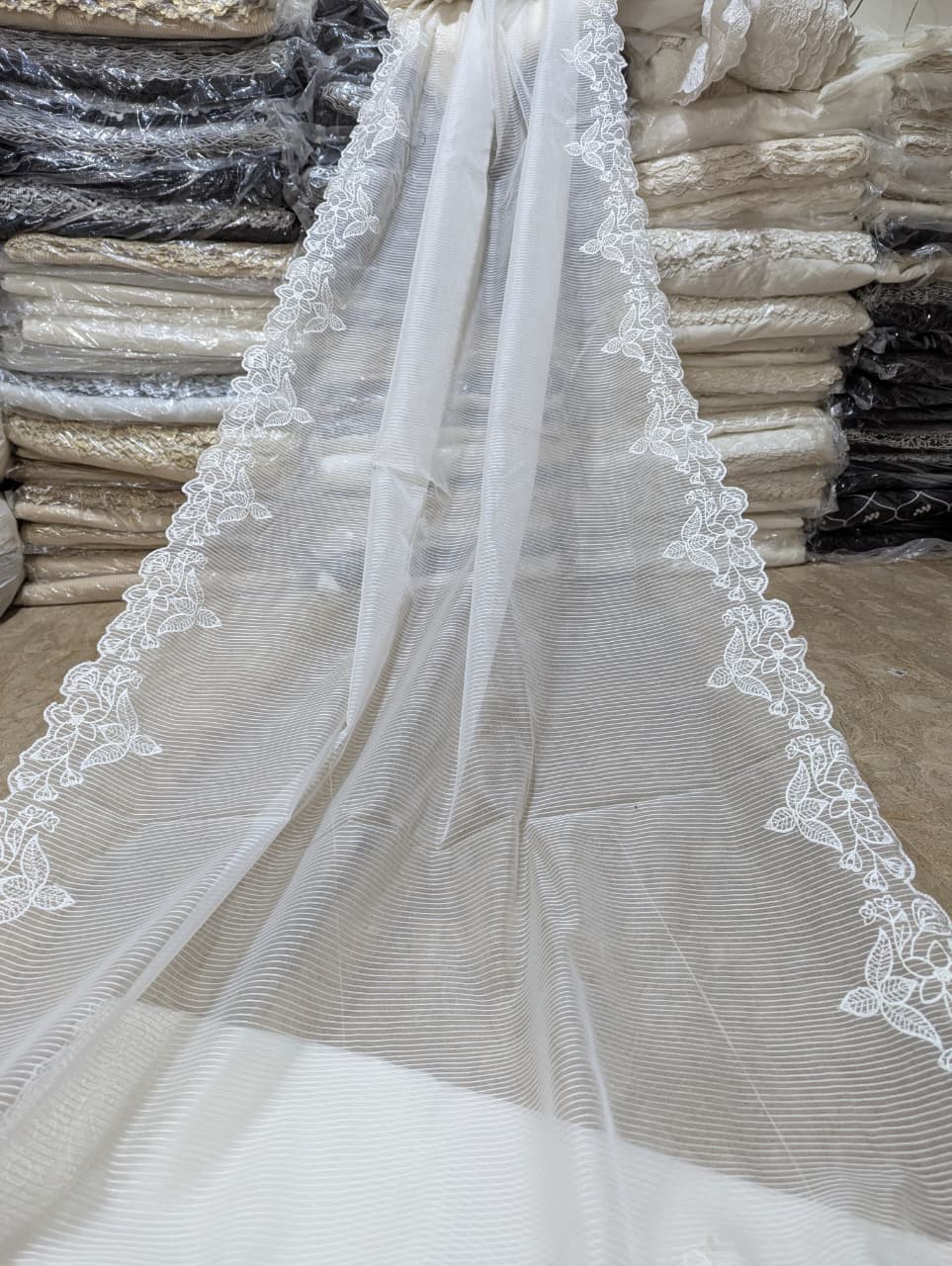 White Organza Scallop Dupatta with Self Lining & White Viscose Embroidery – Dyeable