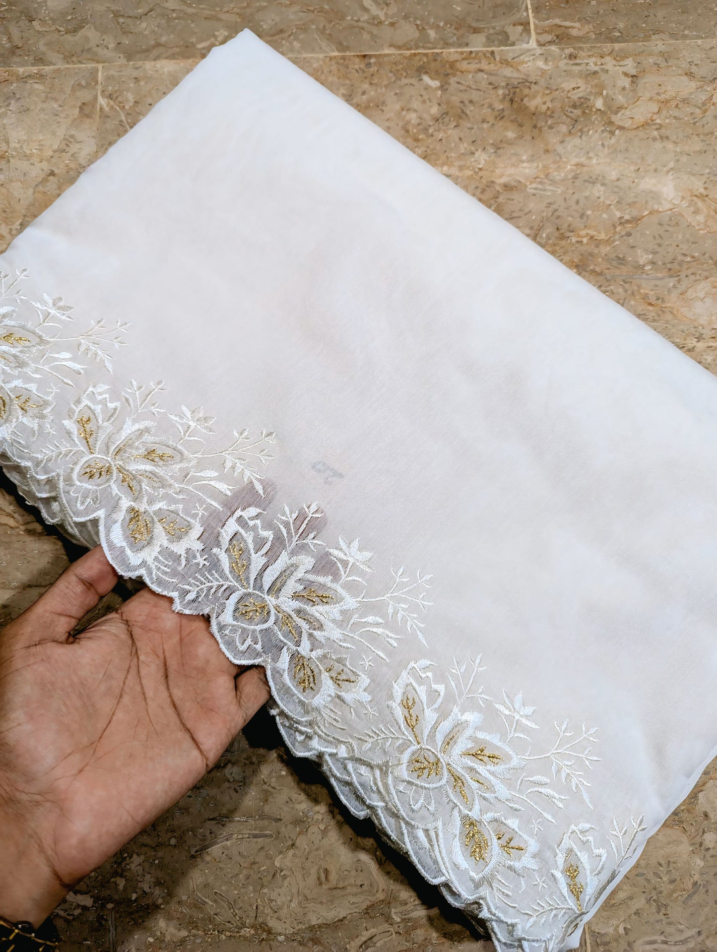 White Voile Lawn Scallop Dupatta with White & Golden Two-Tone Embroidery – Dyeable