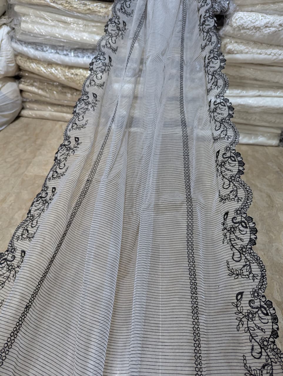 Dyeable White Black Self Lining Organza Scallop Dupatta with Black Embroidery