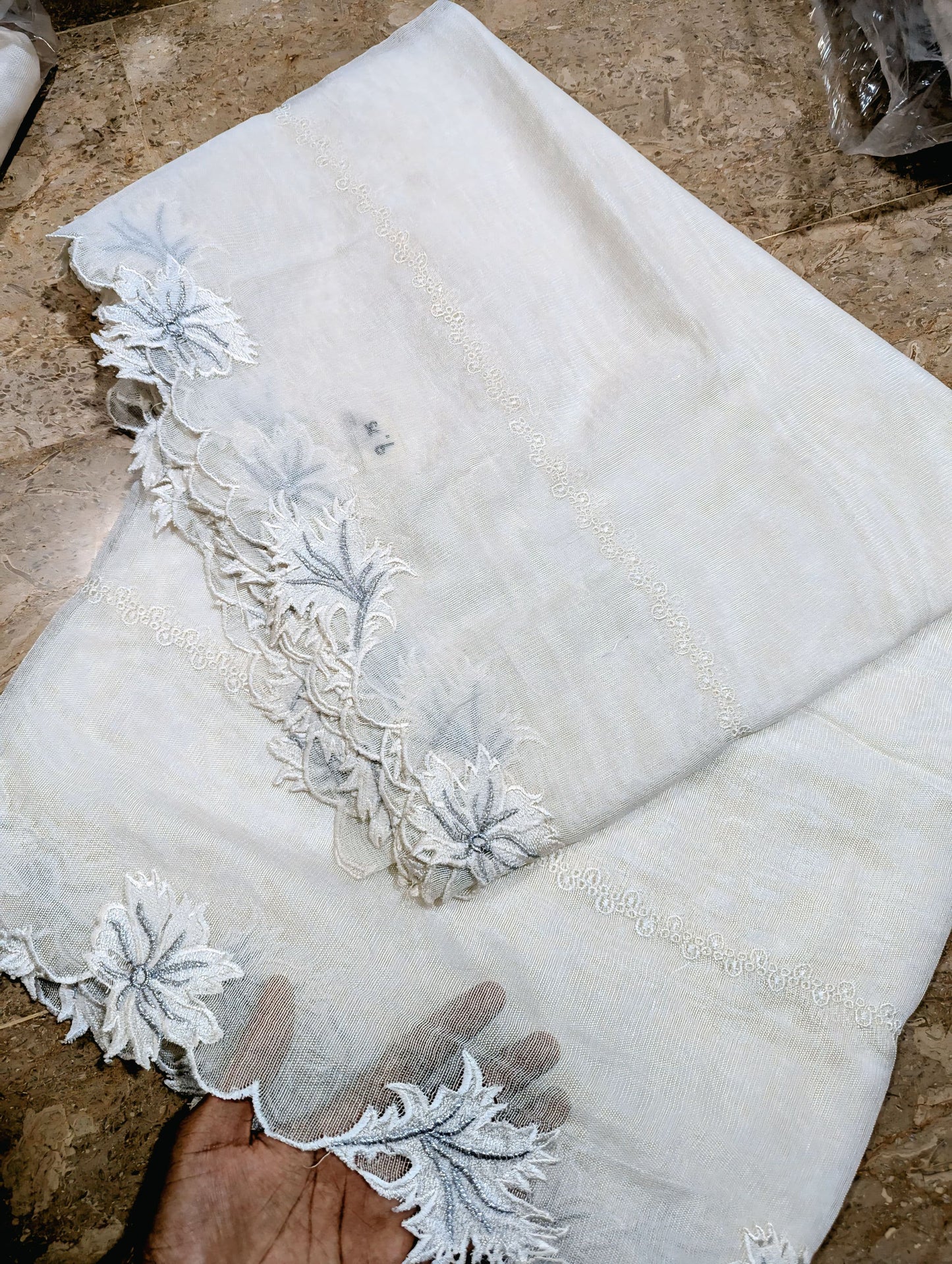 White Khadi Net Scallop Dupatta with White & Silver Two-Tone Embroidery – Dyeable