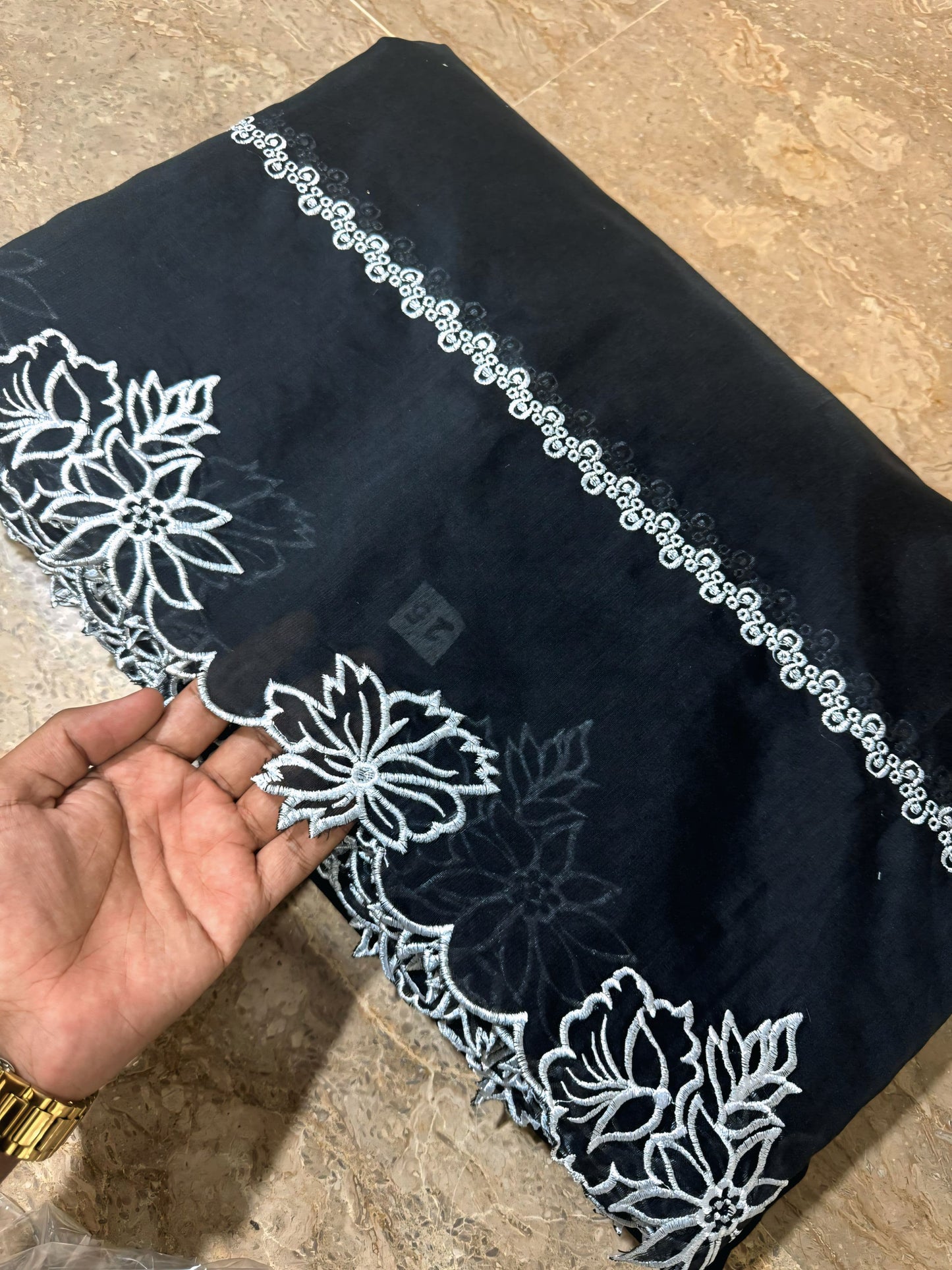 Black Voile Lawn Scallop Dupatta with White Embroidery