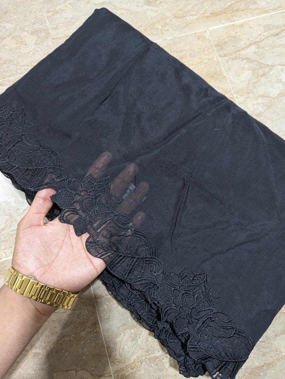 Black Voile Lawn Scallop Embroidered Dupatta with Black Embroidery