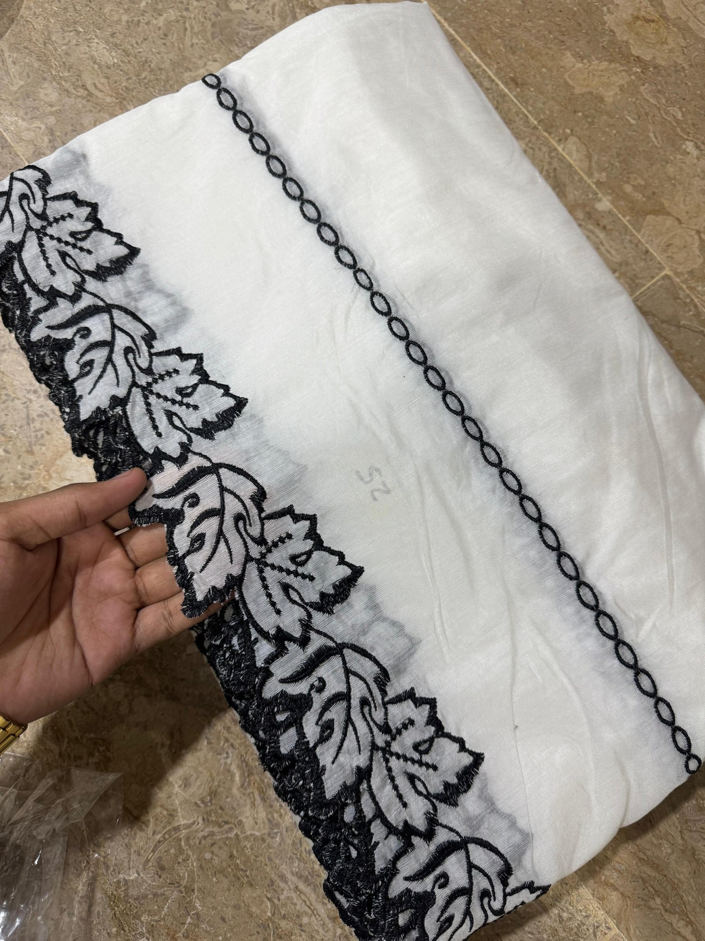 Dyeable White Voile Lawn Scallop Dupatta with Black Embroidery