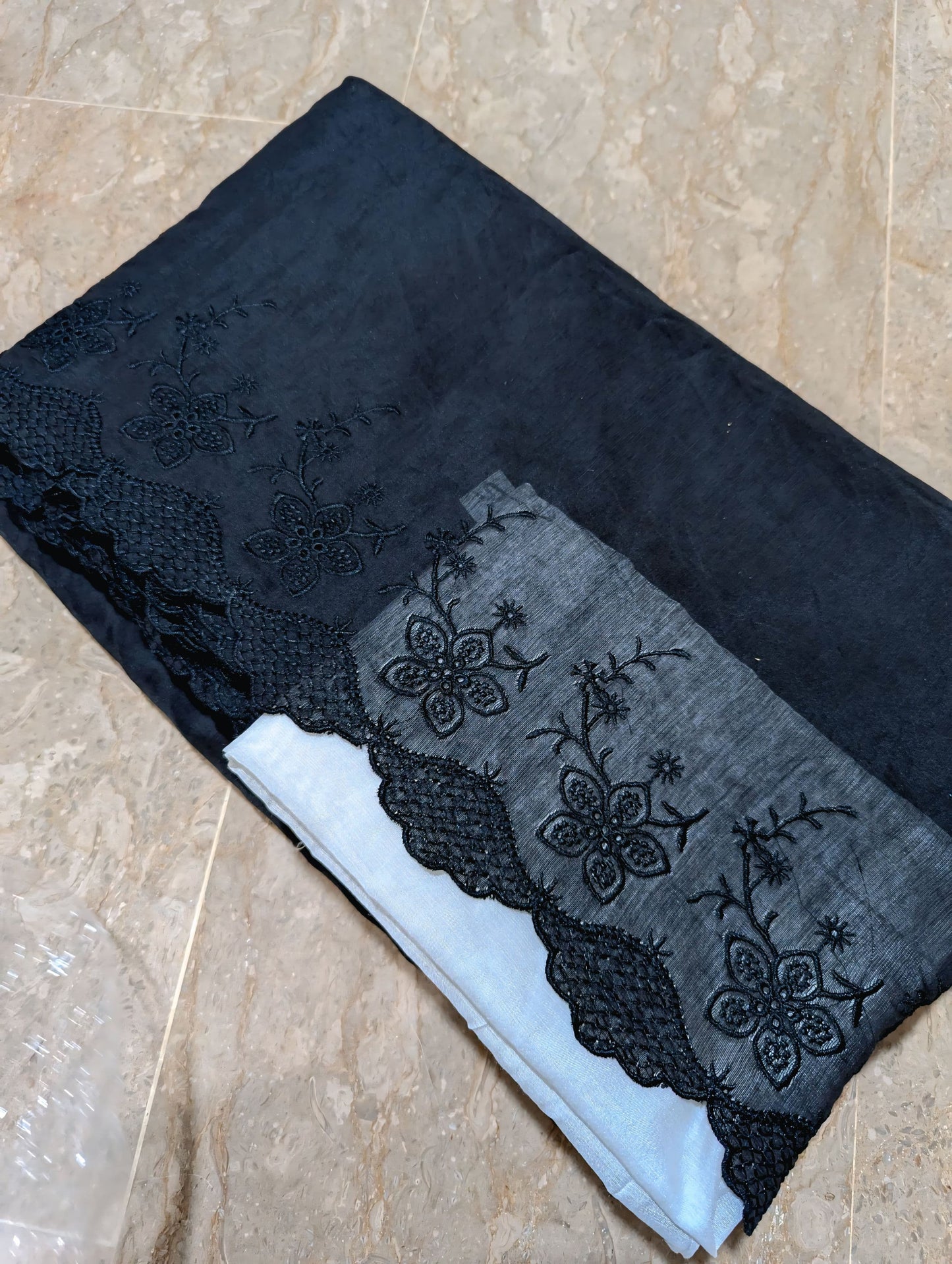 Black Voile Lawn Scallop Embroidered Dupatta