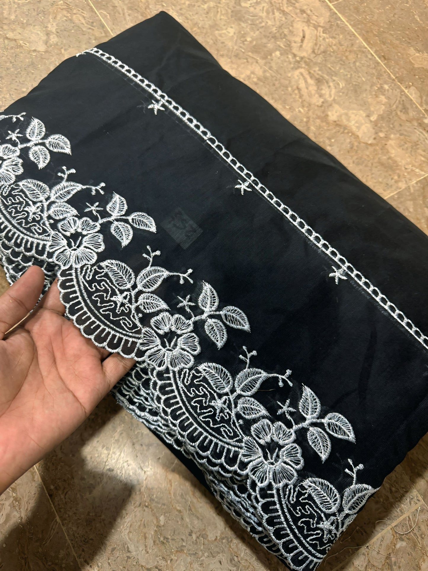 Black Voile Lawn Scallop Dupatta with White Embroidery