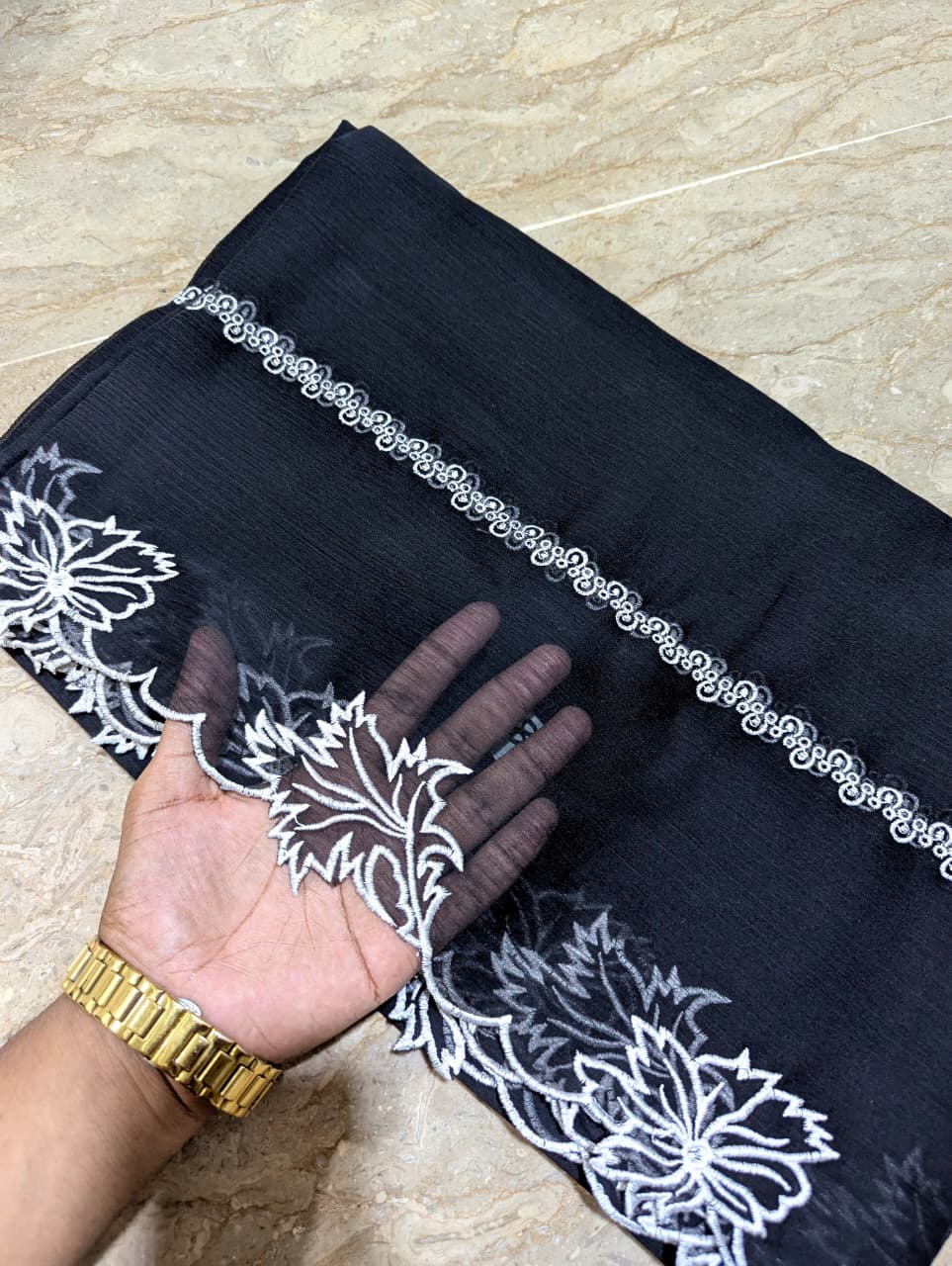 Black Chiffon Cutwork Dupatta with White Embroidery - Premium Quality
