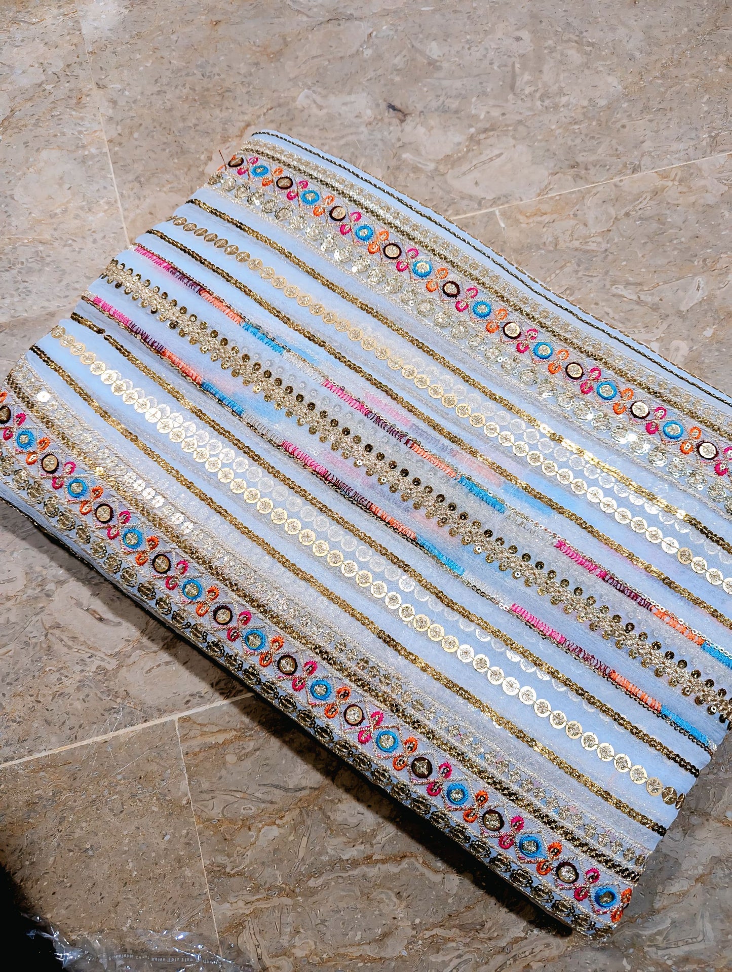 White Dyable Crinkle Chiffon – Multi-Colour Embroidery with 4 Sequins (Per Yard, Unstitched)