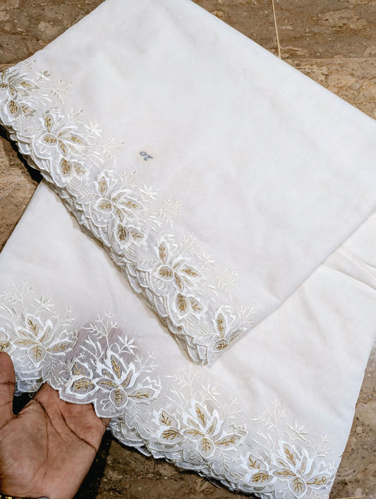 White Voile Lawn Scallop Dupatta with White & Golden Two-Tone Embroidery – Dyeable