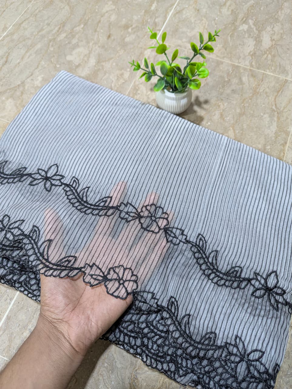 Dyeable White Organza with Black Self Lining Scallop Dupatta with Black Embroidery