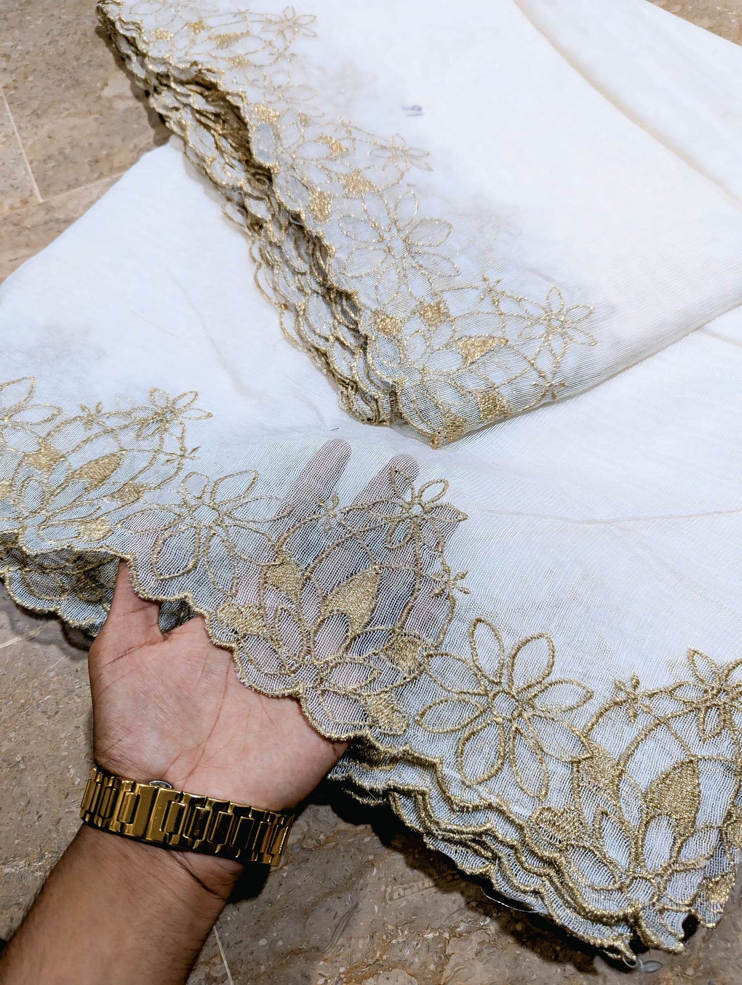 White Embroidered Cutwork Dupatta on Khadi Net with Golden – Dyable