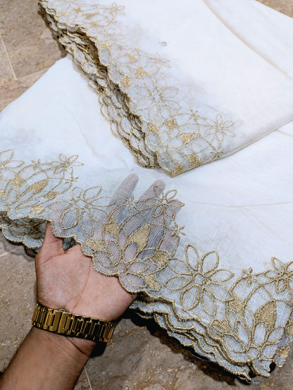 White Embroidered Cutwork Dupatta on Khadi Net with Golden – Dyable