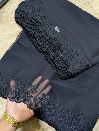 Black Chiffon Cutwork Dupatta with Black Embroidery - Premium Quality