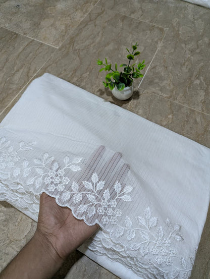 White Self-Lining Voile Lawn Scallop Dupatta with White Viscose Embroidery – Dyeable