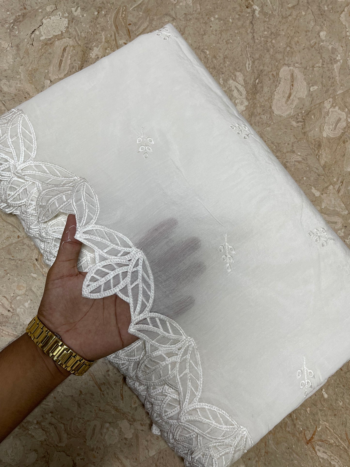 Dyeable White Voile Lawn Scallop Dupatta with White Viscose Embroidery