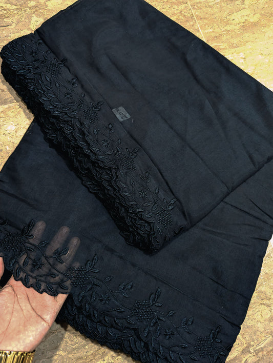 Black Voile Lawn Scallop Embroidered Dupatta