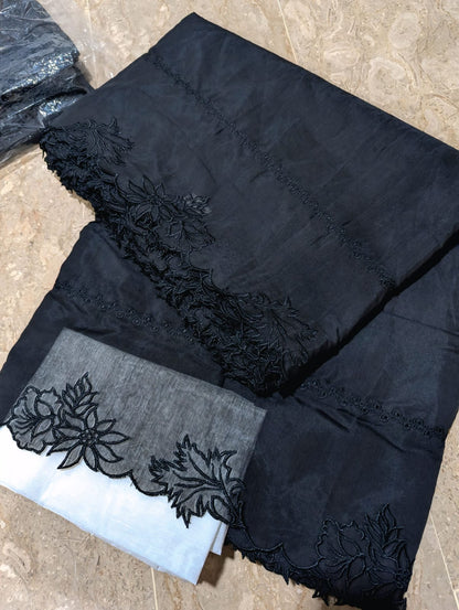 Black Voile Lawn Scallop Embroidered Dupatta