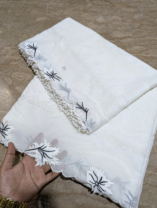 White Voile Lawn Scallop Dupatta with White & Black Two-Tone Embroidery – Dyeable