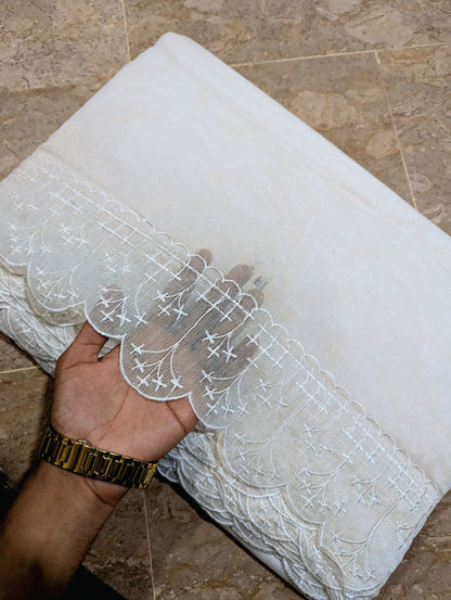 White Khadi Net Scallop Dupatta – Dyable, Viscose Embroidery