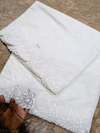White Voile Lawn Scallop Dupatta with White Viscose Embroidery – Dyeable